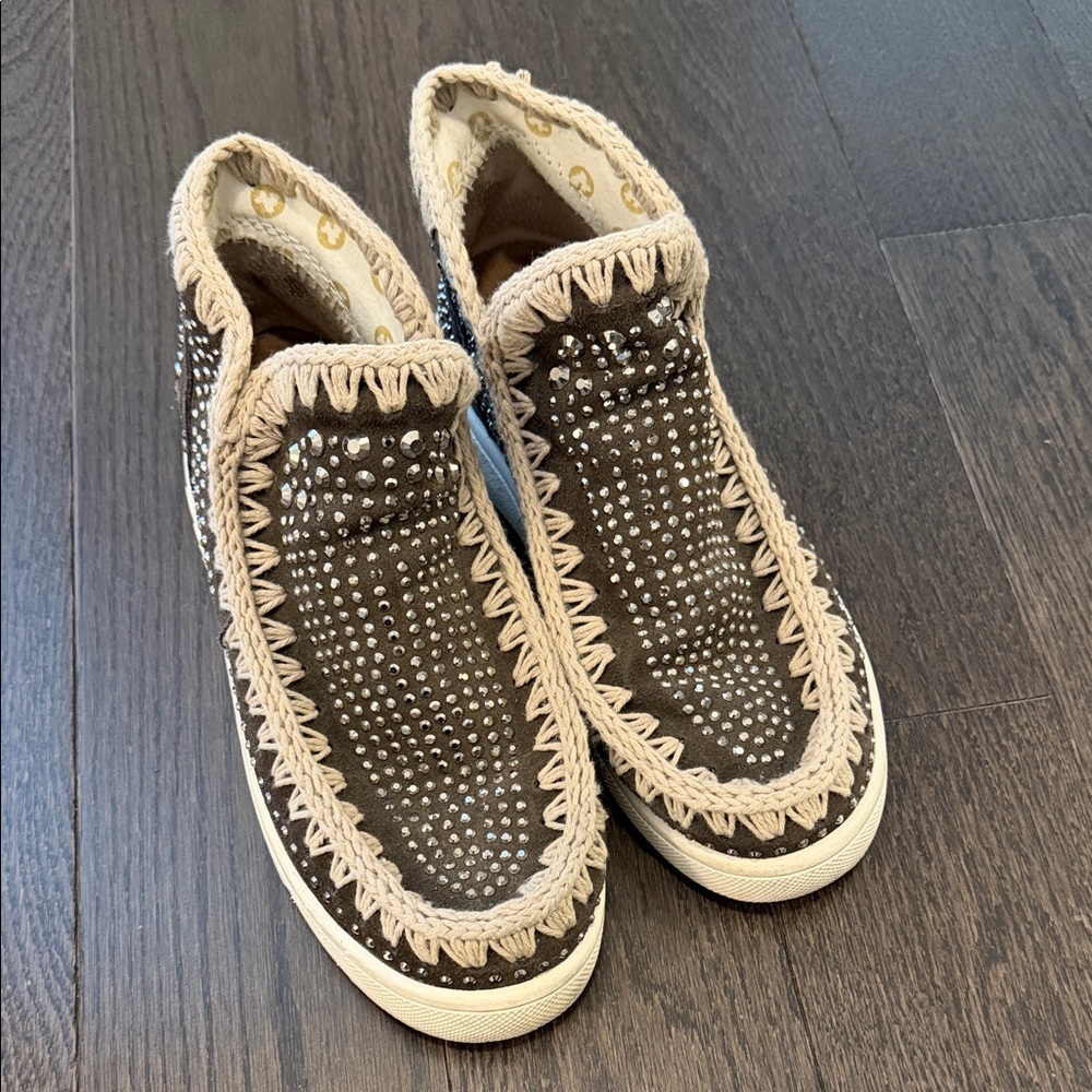Mou suede & rhinestone slip on sneakers size 7